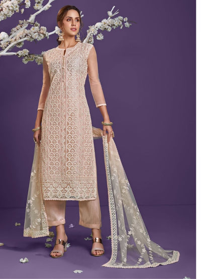 Embroidered Net Pakistani Suit in Beige