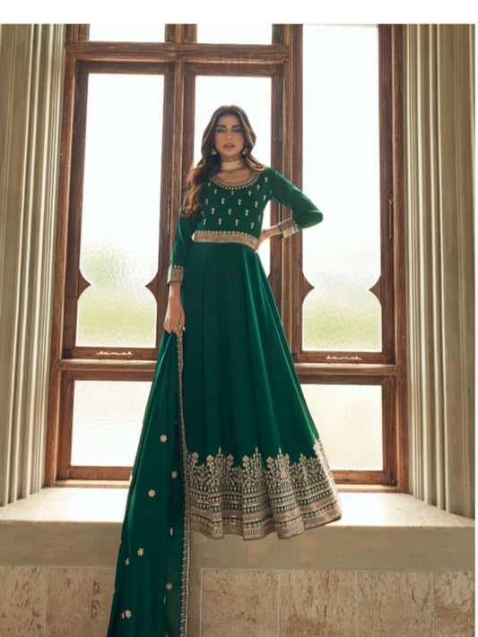 Embroidered Silk Anarkali Style Suit in Green