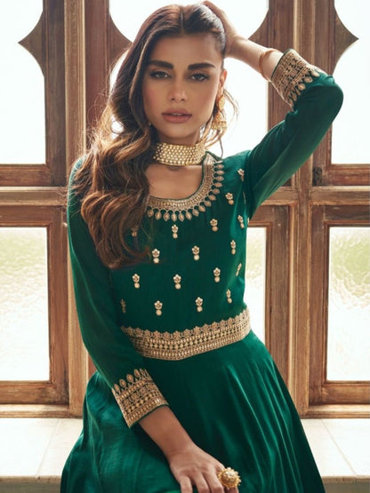 Embroidered Silk Anarkali Style Suit in Green