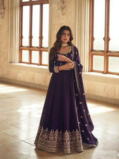 Embroidered Silk Anarkali Style Suit in Purple