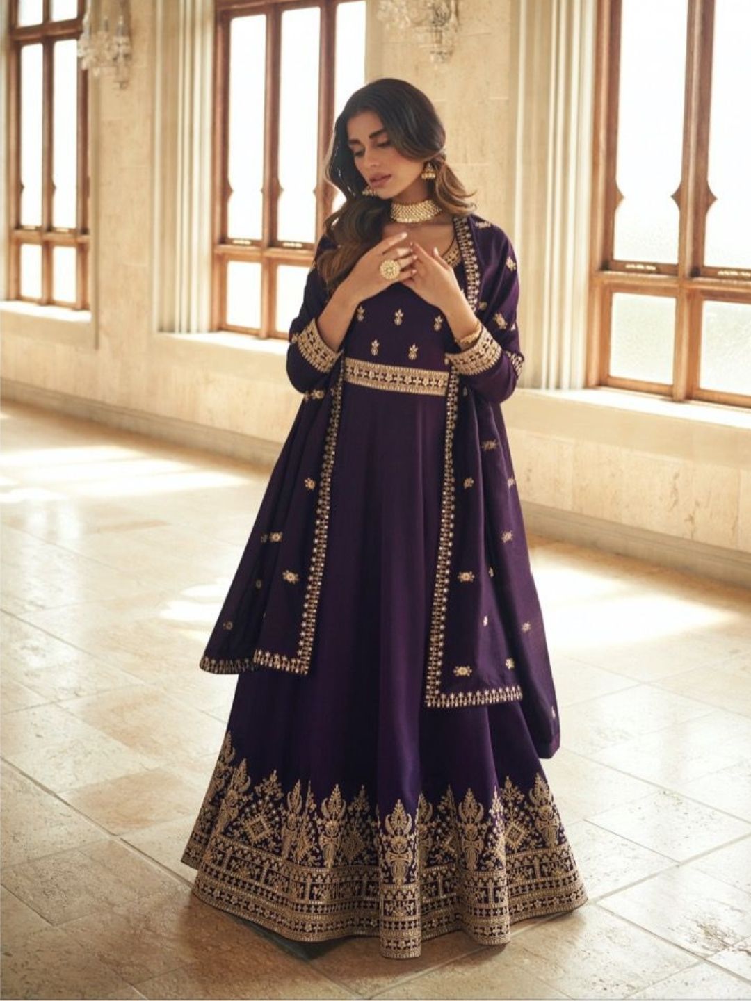 Embroidered Silk Anarkali Style Suit in Purple