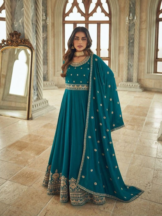 Embroidered Silk Anarkali Style Suit in Blue