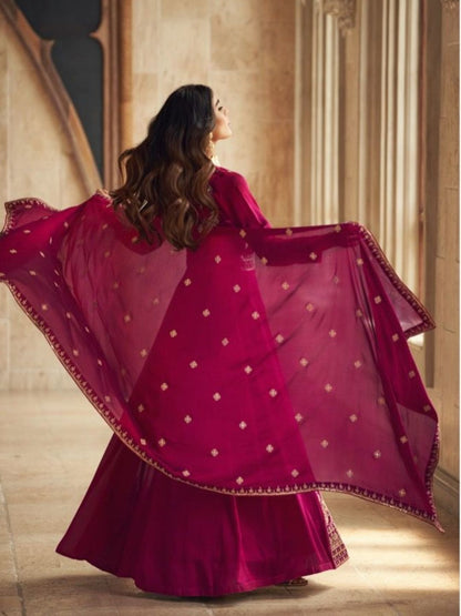 Embroidered Silk Anarkali Style Suit in Magenta