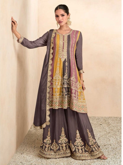 Embroidered Chinon Punjabi Readymade Suit in Brown