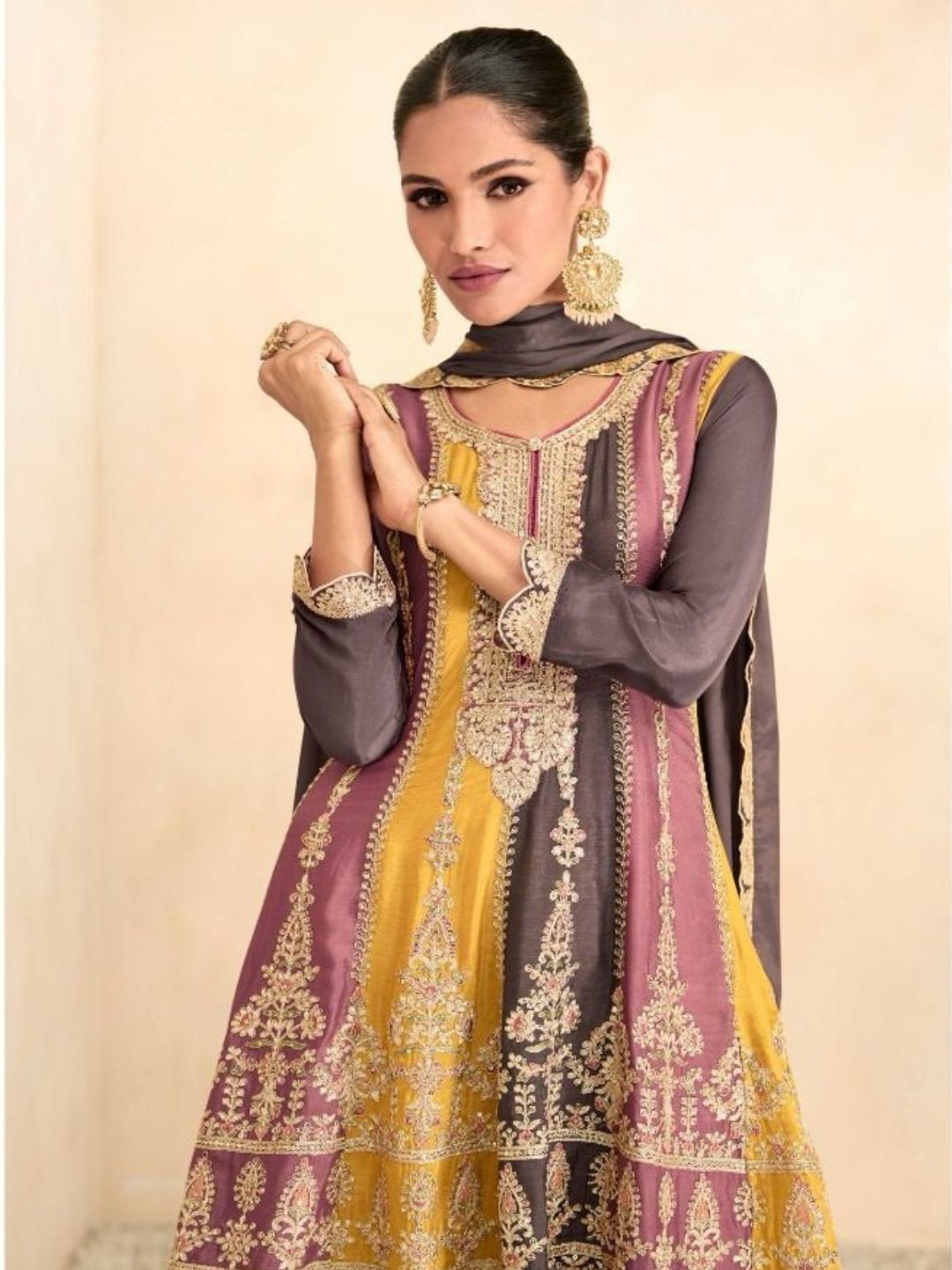 Embroidered Chinon Punjabi Readymade Suit in Brown