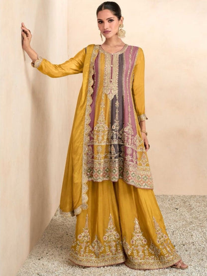 Embroidered Chinon Punjabi Readymade Suit in Yellow