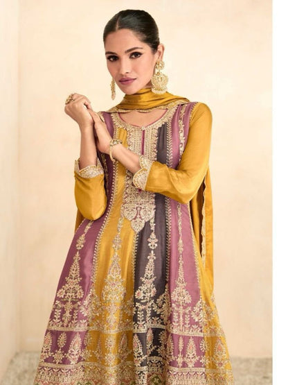 Embroidered Chinon Punjabi Readymade Suit in Yellow