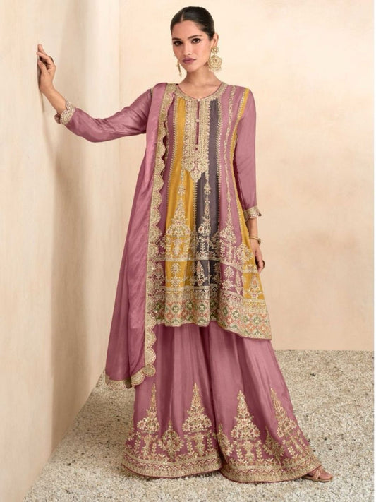 Embroidered Chinon Punjabi Readymade Suit in Beige