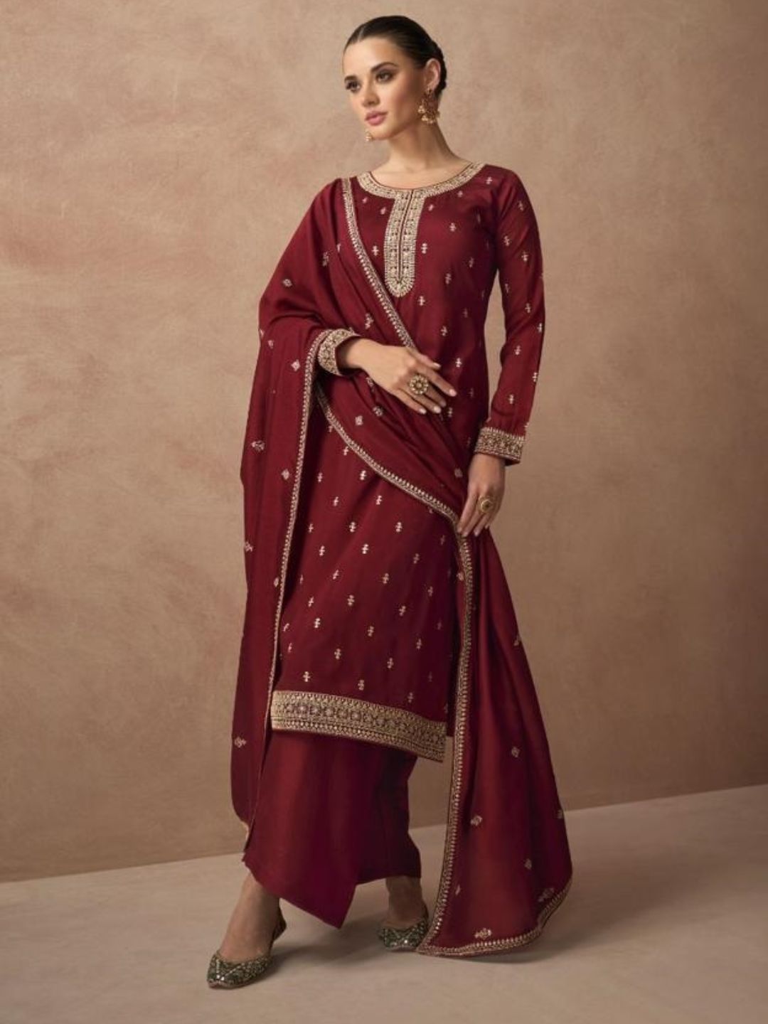 Embroidered Silk Pakistani Semi-Stitched Suit in Maroon