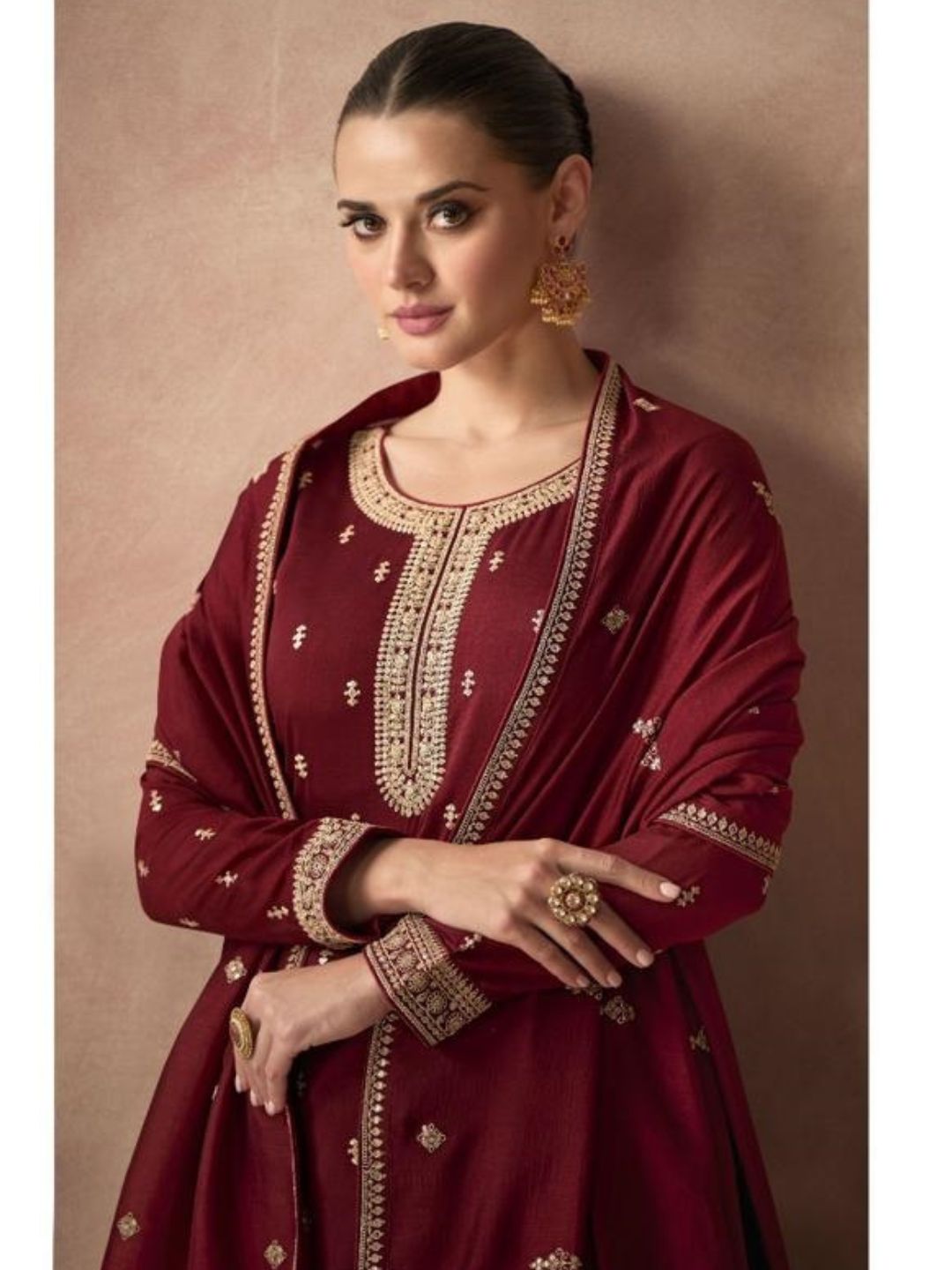 Embroidered Silk Pakistani Semi-Stitched Suit in Maroon