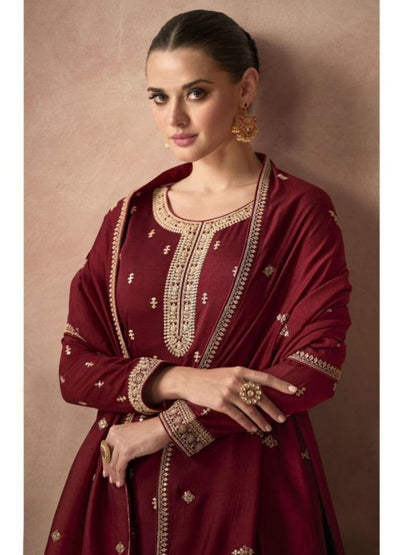 Embroidered Silk Pakistani Semi-Stitched Suit in Maroon