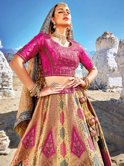 Banarasi Silk Bridal Lehenga  with Sequence work in Pink and Grey-81695