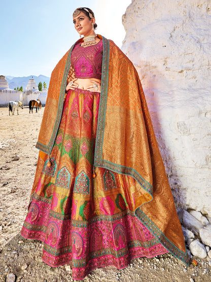 Banarasi Silk Bridal Lehenga  with Sequence work in Pink and Yellow-81696