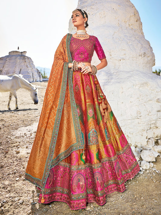 Banarasi Silk Bridal Lehenga  with Sequence work in Pink and Yellow-81696