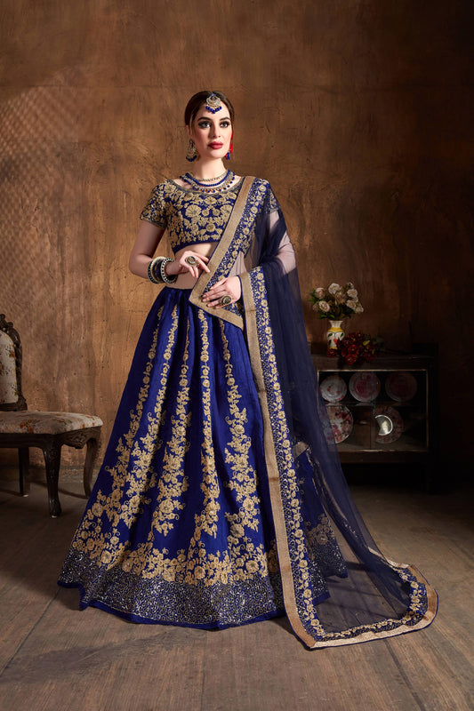 Raw Silk Engagement Sangeet Lehenga with Embroidered work in Blue color-82107