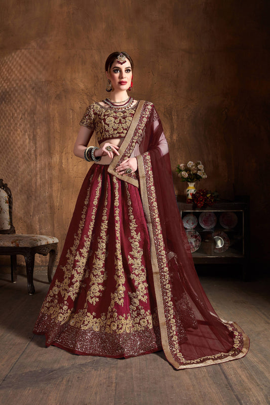 Raw Silk Engagement Sangeet Lehenga with Embroidered work in Maroon color-82108