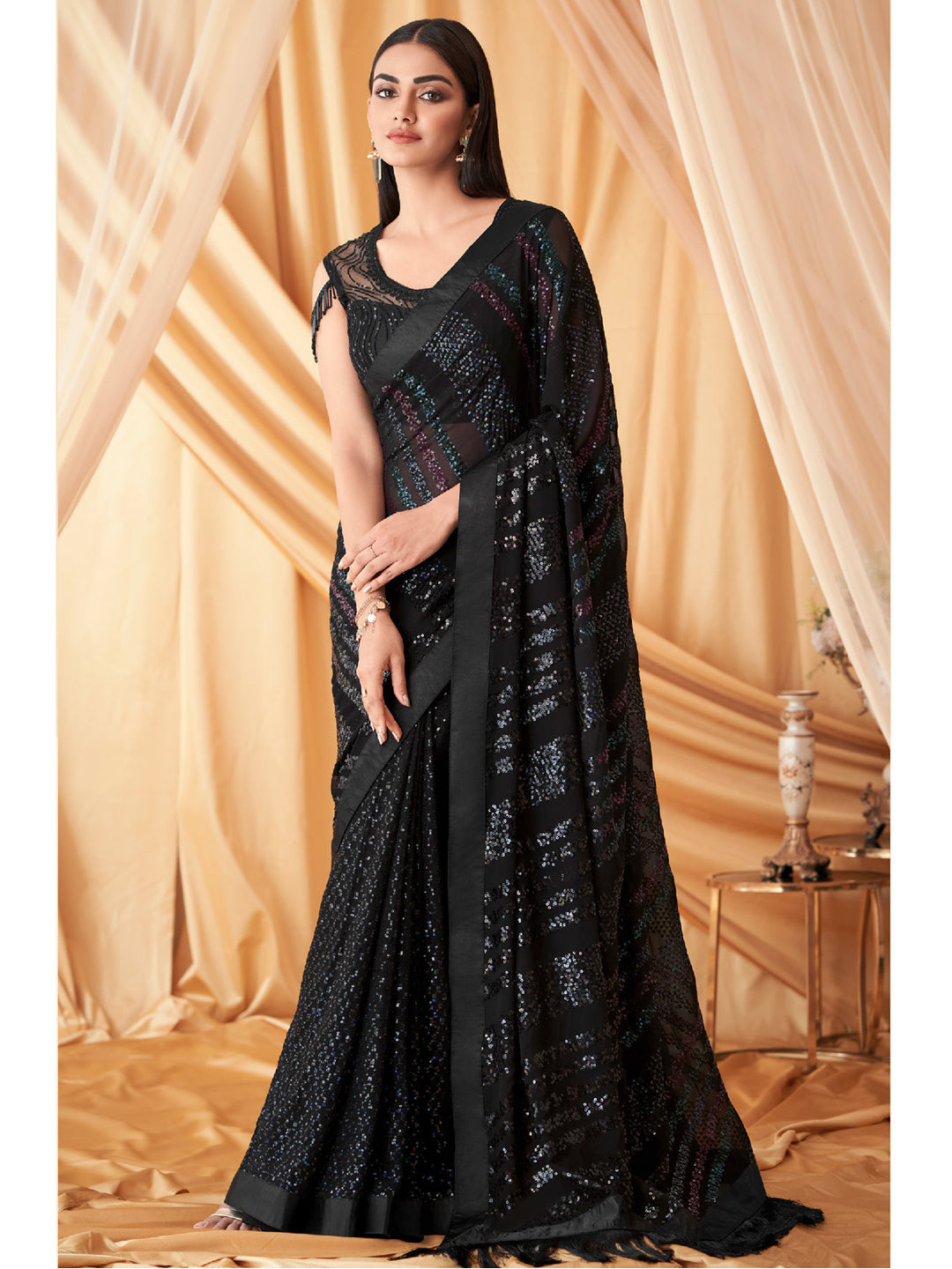 Embroidered Shimmer Georgette Silk Partywear Traditional Saree In Black Color-81515