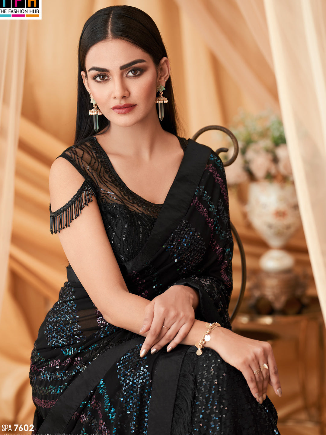 Embroidered Shimmer Georgette Silk Partywear Traditional Saree In Black Color-81515