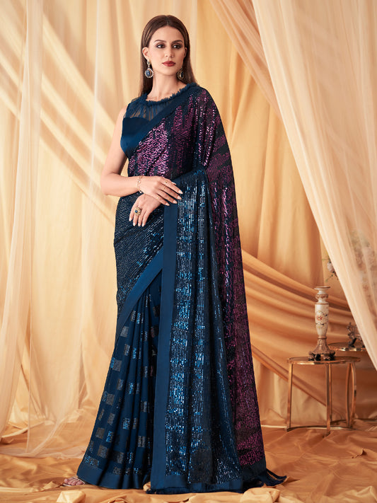 Embroidered Shimmer Georgette Silk Partywear Traditional Saree In Blue Color-81516