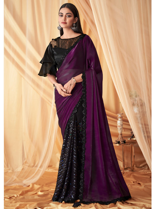 Embroidered Shimmer Georgette Silk Partywear Traditional Saree In Purple Color-81517