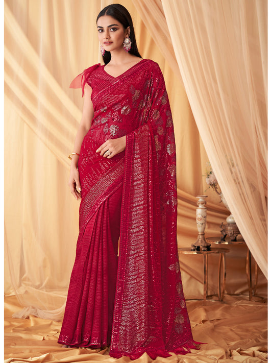 Embroidered Shimmer Georgette Silk Partywear Traditional Saree In Red Color-81519