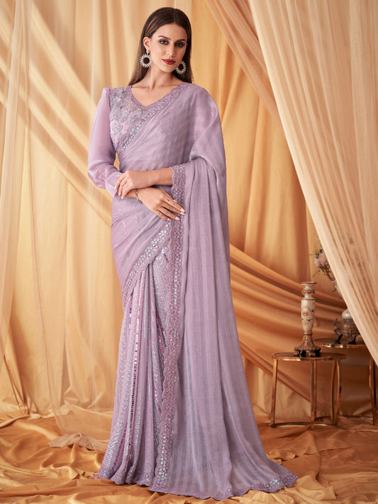 Embroidered Shimmer Georgette Silk Partywear Traditional Saree In Violet Color-81520