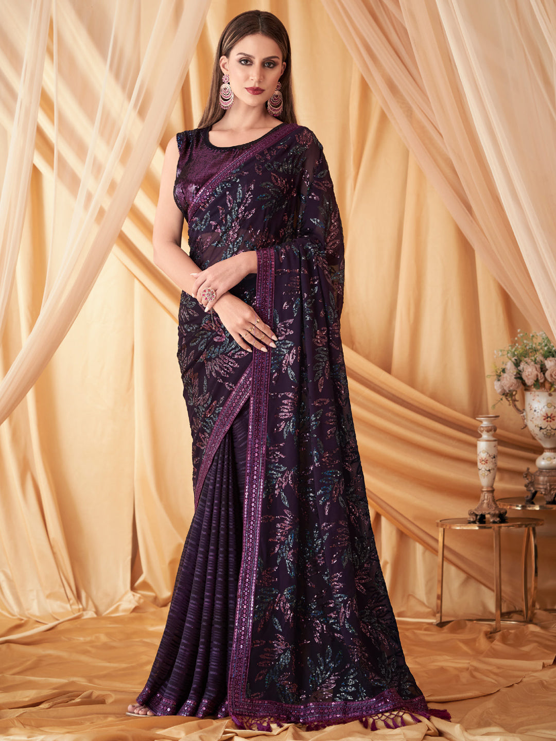 Buy Dark Blue Shimmer Georgette Saree With Dori Work Online - SARV04099 |  Andaaz Fashion