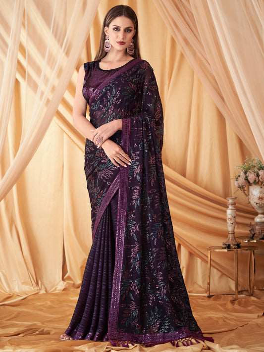 Embroidered Shimmer Georgette Silk Partywear Traditional Saree In Purple Color-81521