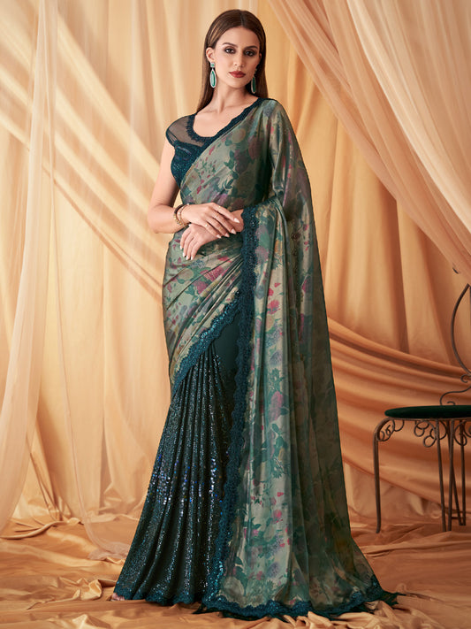 Embroidered Shimmer Georgette Silk Partywear Traditional Saree In Green Color-81522