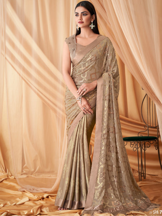 Embroidered Shimmer Georgette Silk Partywear Traditional Saree In Gold Color-81523