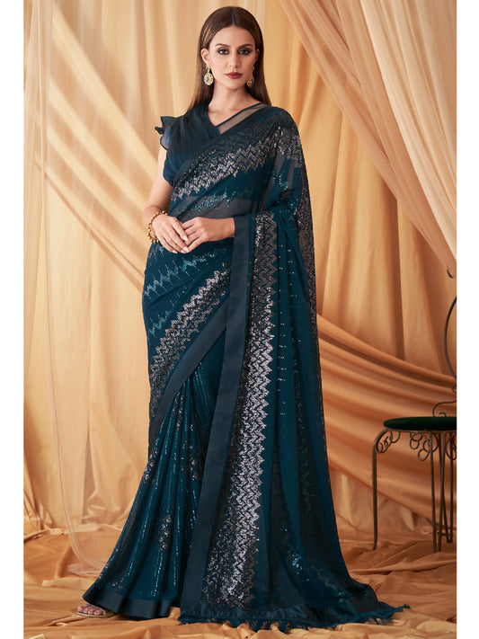 Embroidered Shimmer Georgette Silk Partywear Traditional Saree In Blue Color-81524