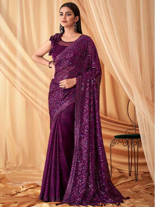 Embroidered Shimmer Georgette Silk Partywear Traditional Saree In Purple Color-81526