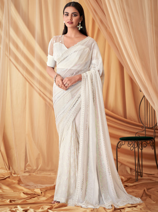 Embroidered Shimmer Georgette Silk Partywear Traditional Saree In white Color-81527