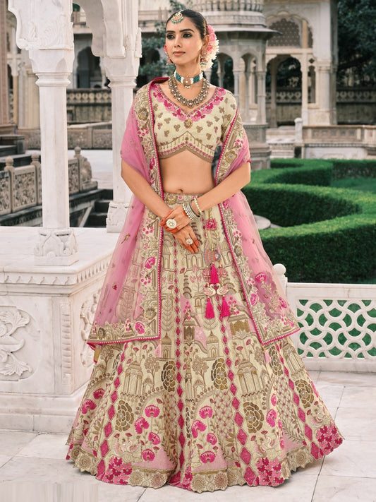 Silk Traditional Reception Wedding Lehenga In white and Pink color-41110