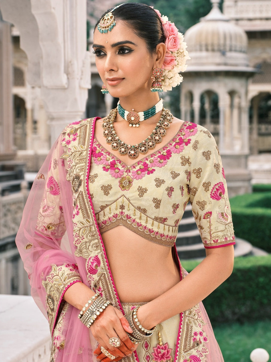 Silk Traditional Reception Wedding Lehenga In white and Pink color-41110