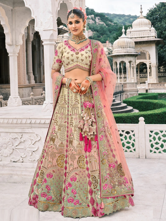 Silk Traditional Reception Wedding Lehenga In white and Pink color-41111