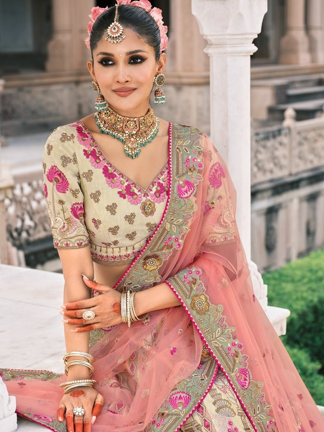 Silk Traditional Reception Wedding Lehenga In white and Pink color-41111