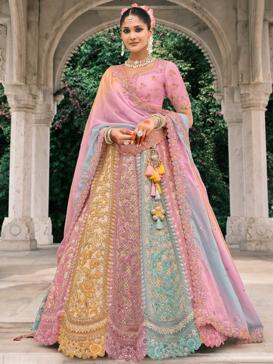 Silk Traditional Reception Wedding Lehenga In white and Pink color-41112