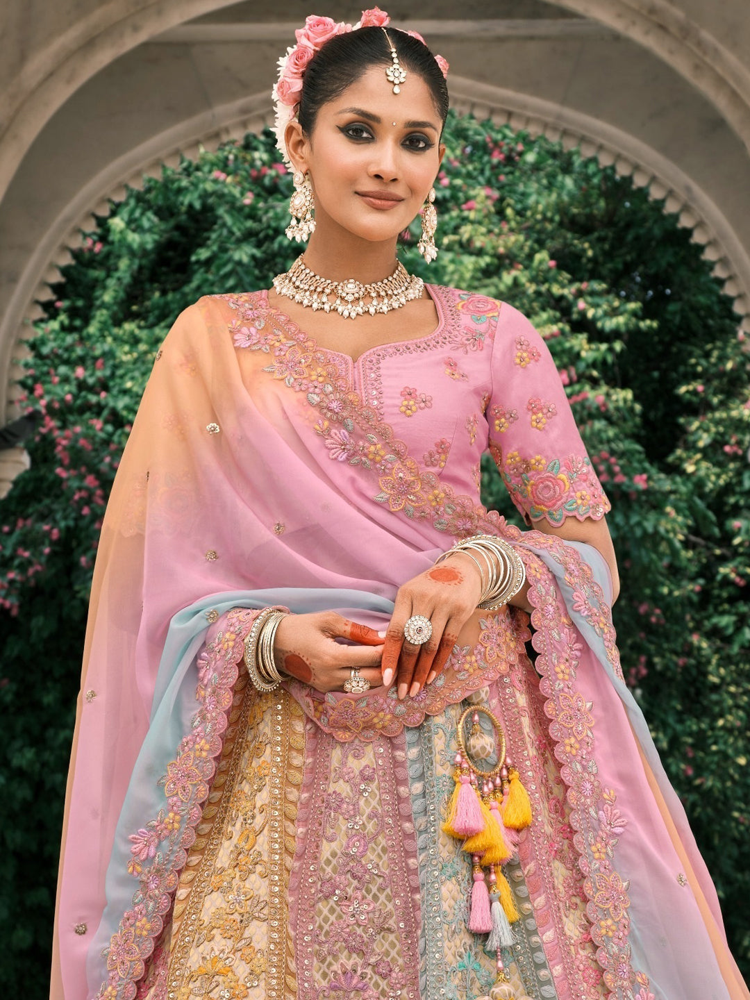 Silk Traditional Reception Wedding Lehenga In white and Pink color-41112