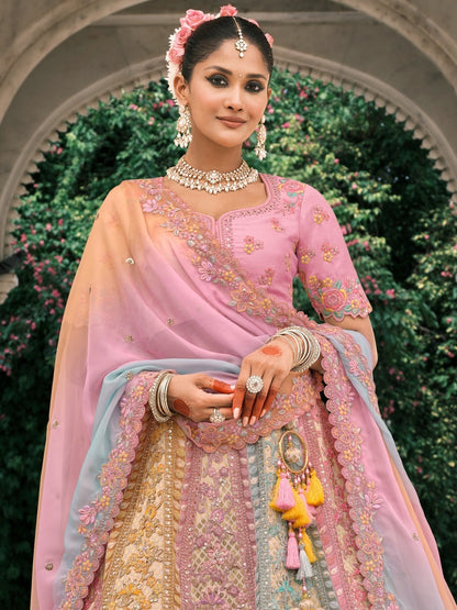 Silk Traditional Reception Wedding Lehenga In white and Pink color-41112