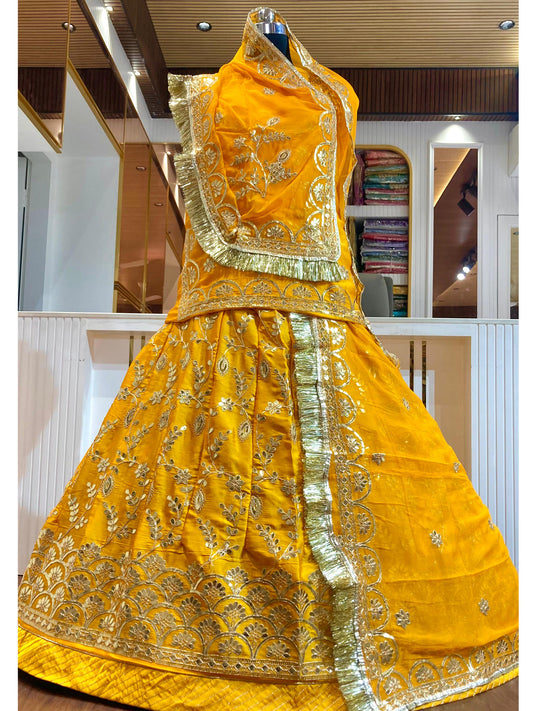 24 Kali Full Gher Bamber Satin Wedding Traditional Rajputi Poshak with Zari work In Yellow color-61114