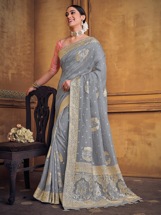 Zari Fancy Partywear South Indian wedding Saree In Grey Color-81613