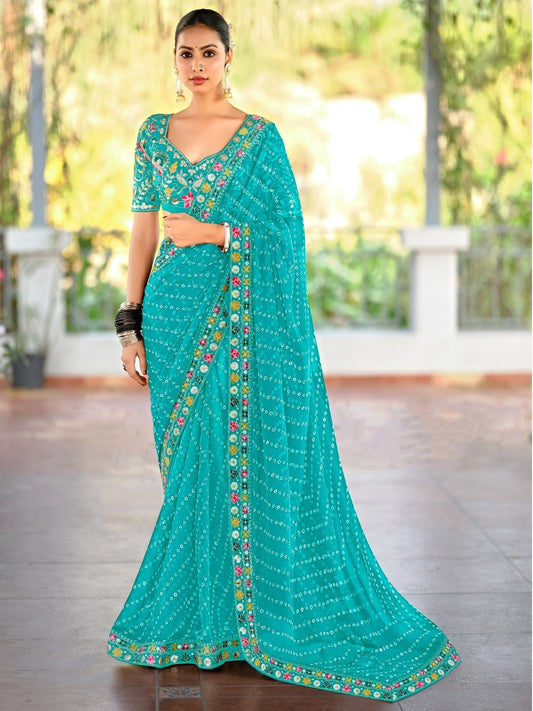 Georgette with Bandhej Printed Sequence work Saree in Blue color-41019