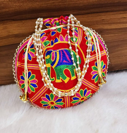 Designer Mulitcolor Embroidery Silk Elephant Handcrafted Potli-81396