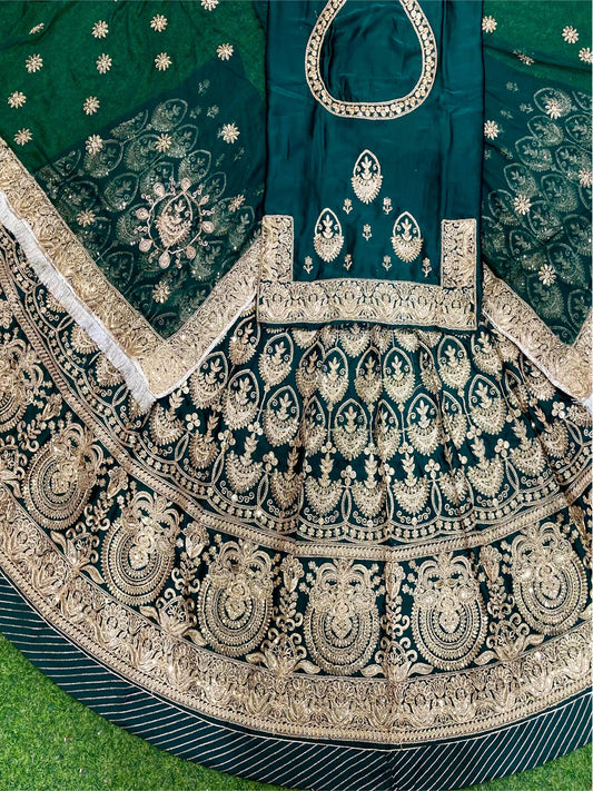 Bamber Satin Wedding Party Wear Traditional Rajputi Poshak with  Zari work In Green color-82132