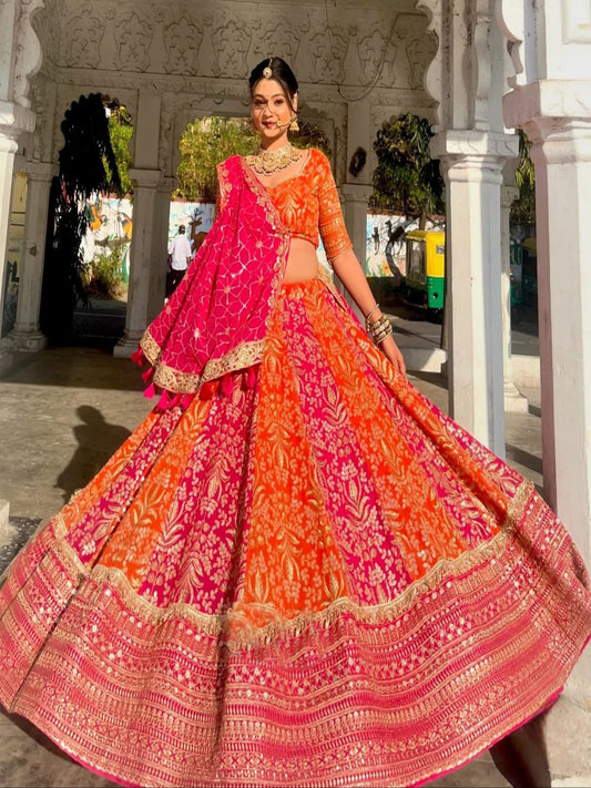 Georgette 7 Miter full Gher Double color Wedding Sangeet Premium quality Rajputi Poshak In Red color-91431