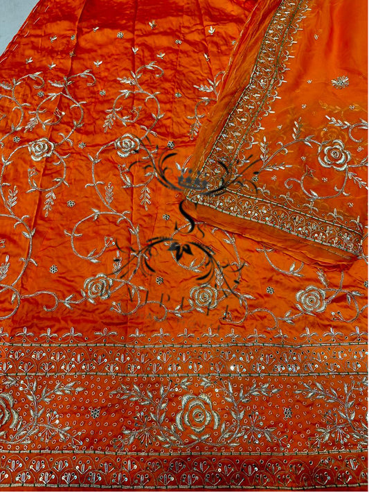 Bember Satin and Thakurgi Pure Bridal wedding Kundan dabka work Rajputi Poshak In Orange Green Color-81955