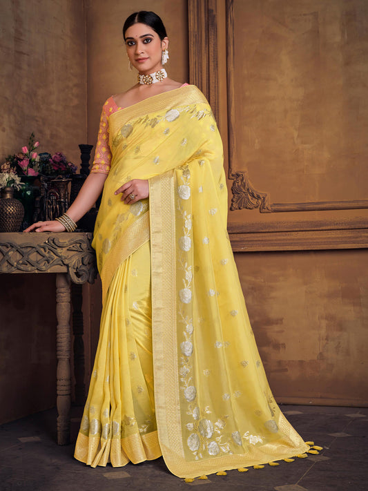 Zari Fancy Partywear South Indian wedding Saree In Yellow Color-81614