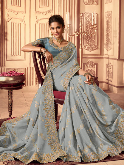 Zari Embroidered Designer Viscose with Golden Smoke Bridal Traditional Saree In Greyish Blue-81136