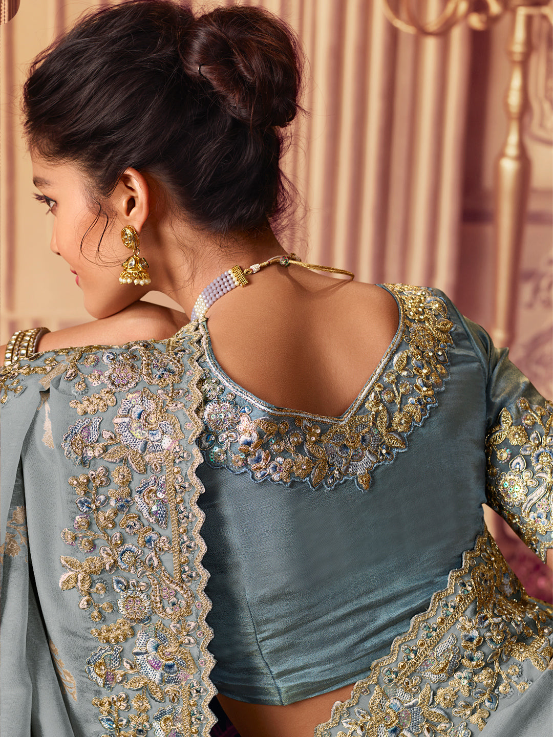 Zari Embroidered Designer Viscose with Golden Smoke Bridal Traditional Saree In Greyish Blue-81136